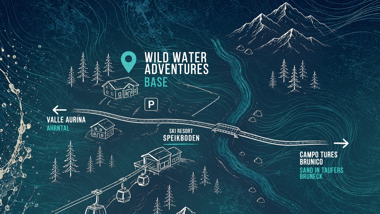 Mappa illustrata: Wild Water Adventures base, Valle Aurina, Ski Resort Speikboden, Campo Tures / Sand in Taufers